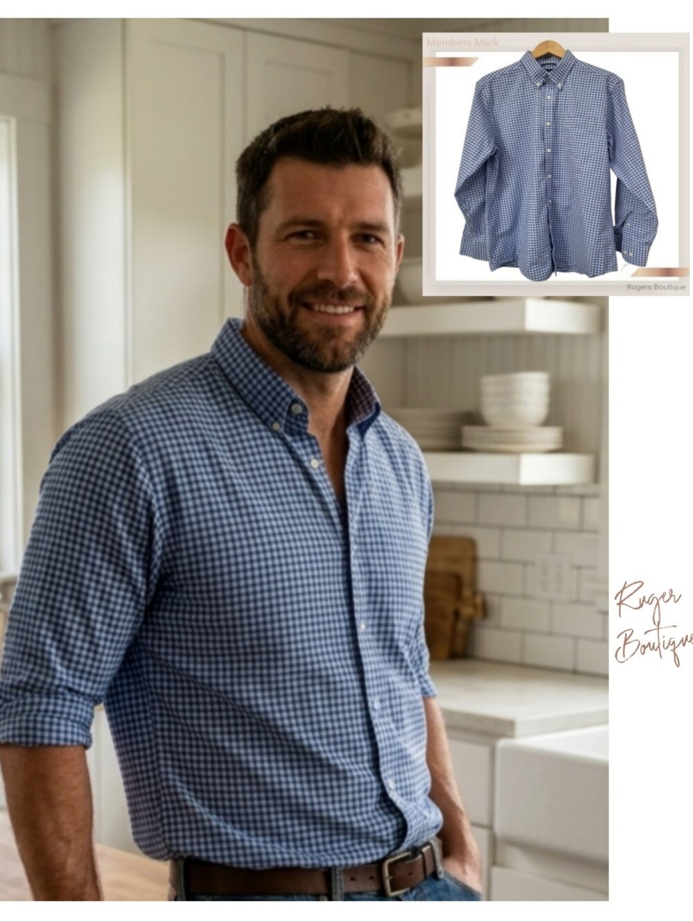 🌿Members Mark Mens Large Blue Checkered Longsleeve Button Down Shirt